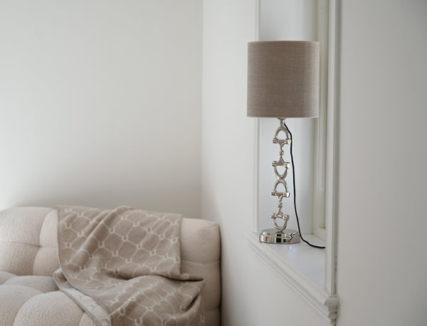 Snaffle Bit Lamp stand Silver including natural Linnen lampshade.