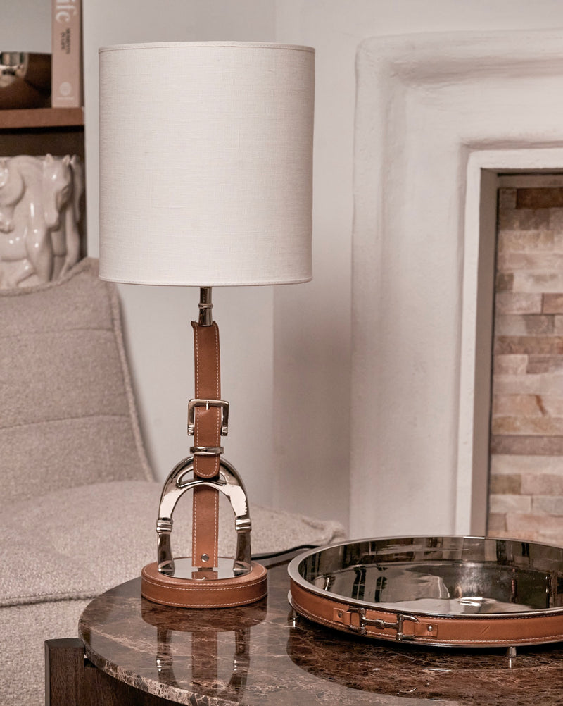 Snaffle Bit Round Tray with Brown Leather.