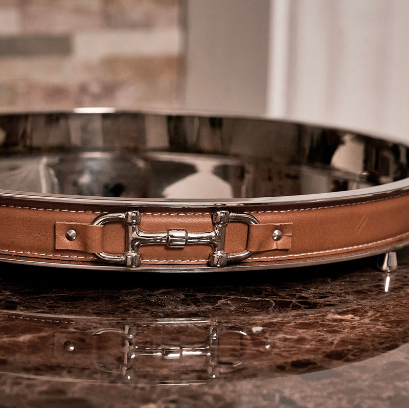 Snaffle Bit Round Tray with Brown Leather.