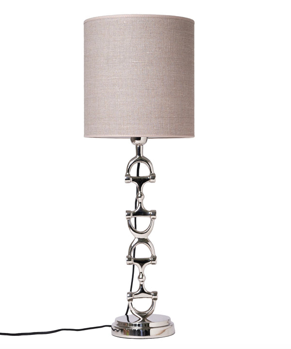 Snaffle Bit Lamp stand Silver including natural Linnen lampshade.