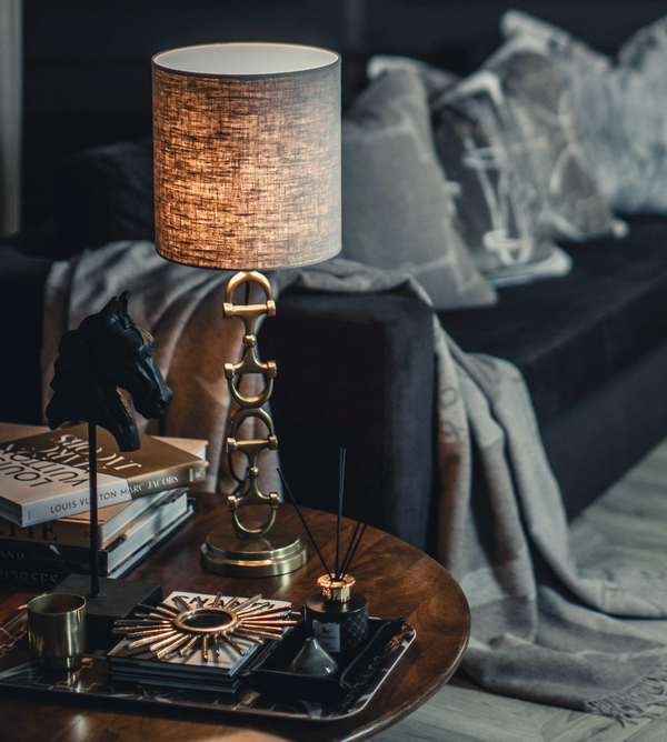 Snaffle Bit Lamp stand Brass including Nature Linnen Shade.